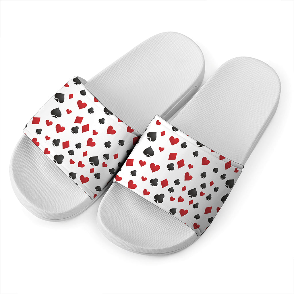 Red And Black Playing Card Suits Print White Slide Sandals