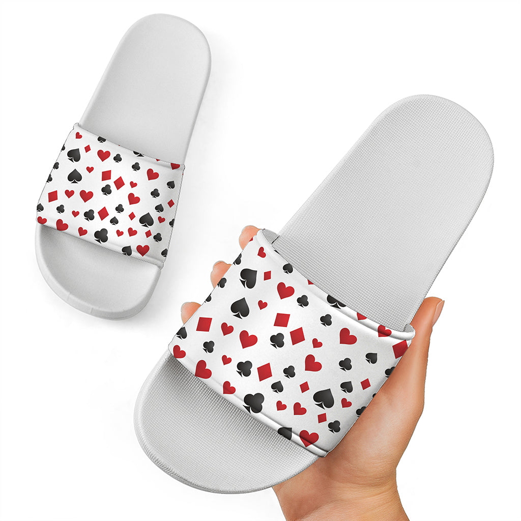 Red And Black Playing Card Suits Print White Slide Sandals