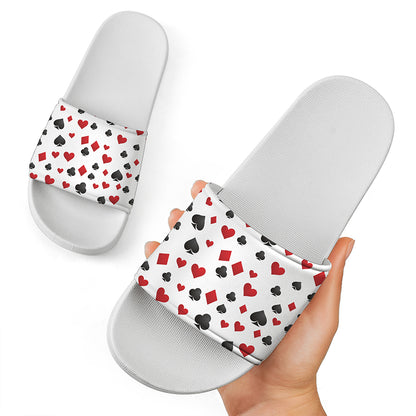 Red And Black Playing Card Suits Print White Slide Sandals