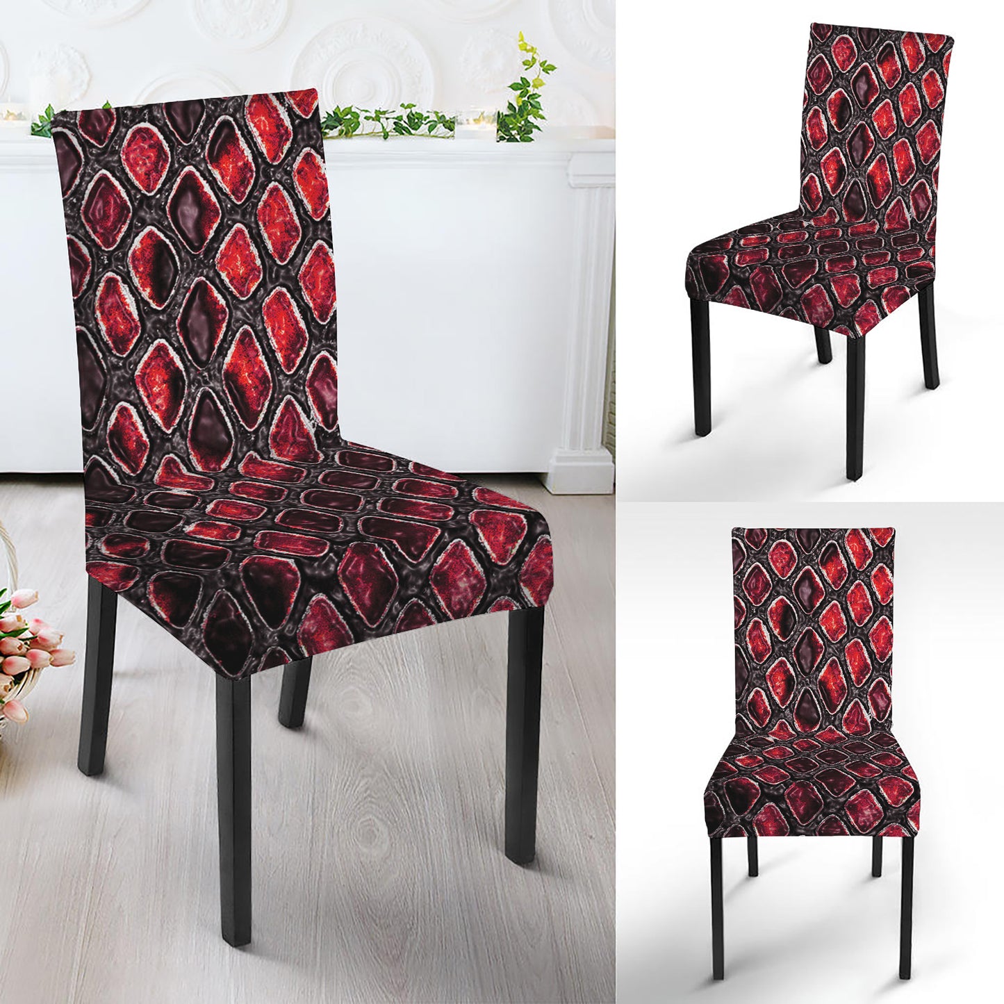 Red And Black Snakeskin Print Dining Chair Slipcover