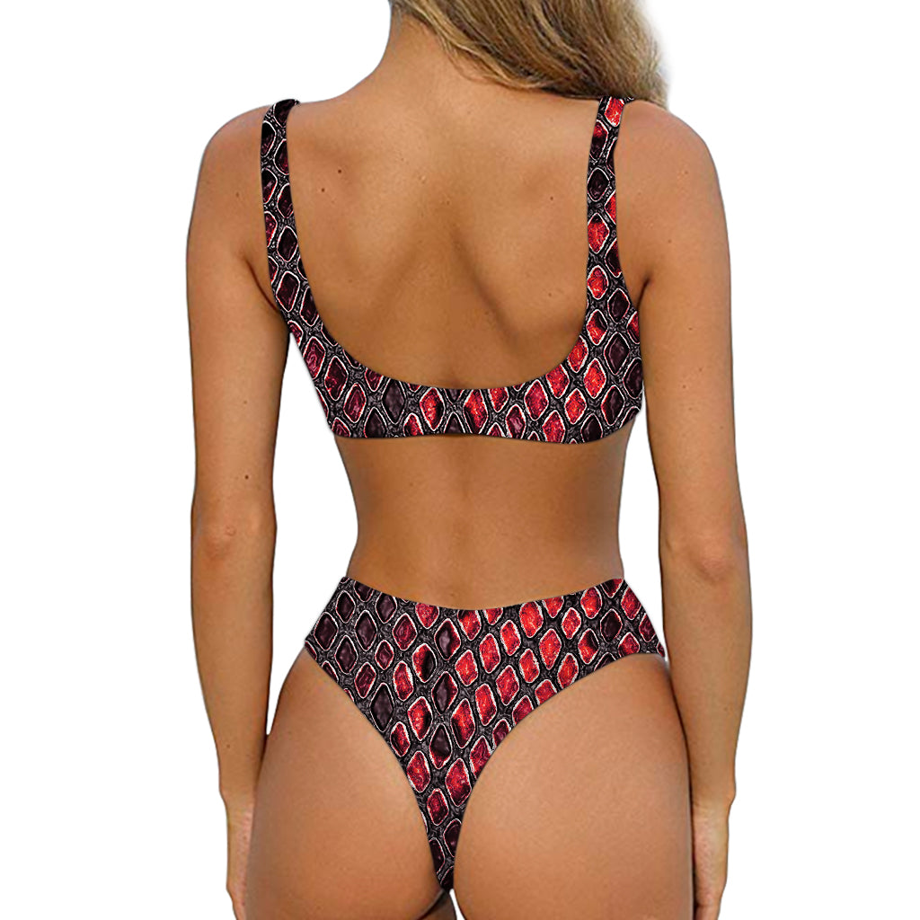 Red And Black Snakeskin Print Front Bow Tie Bikini