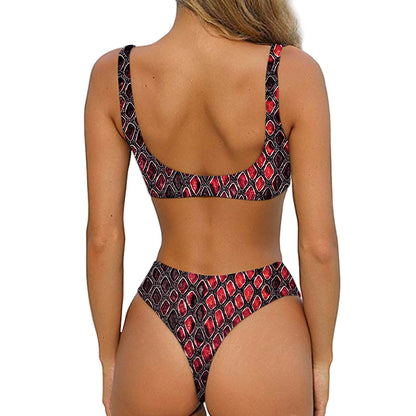 Red And Black Snakeskin Print Front Bow Tie Bikini