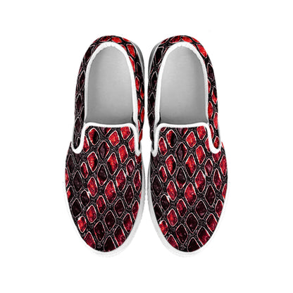 Red And Black Snakeskin Print White Slip On Shoes