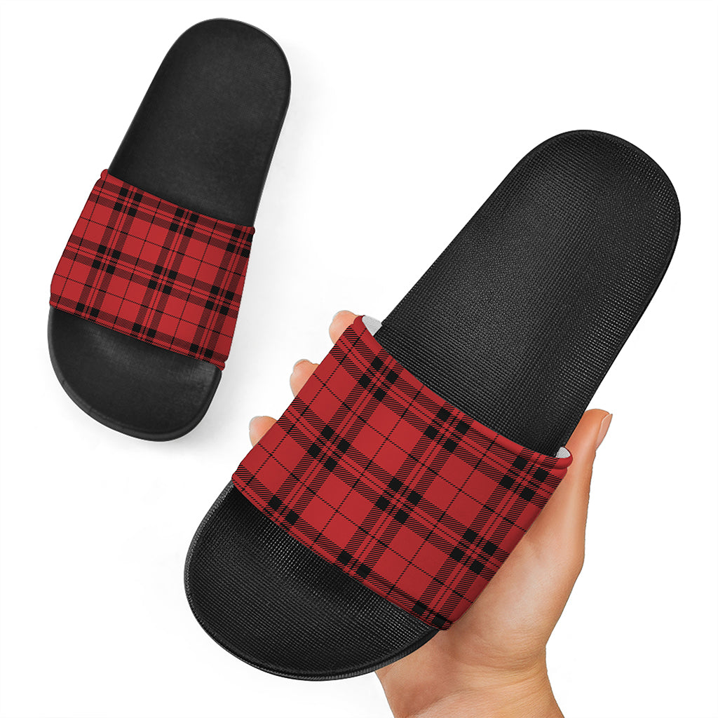Red And Black Tartan Pattern Print Black Slide Sandals