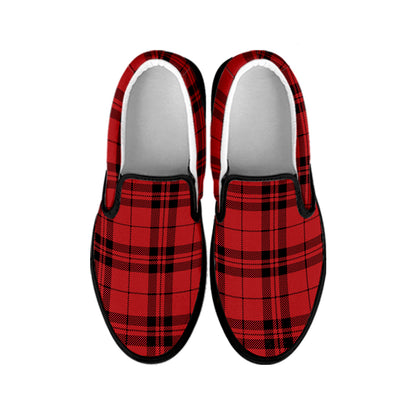 Red And Black Tartan Pattern Print Black Slip On Shoes