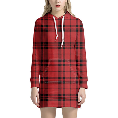 Red And Black Tartan Pattern Print Hoodie Dress