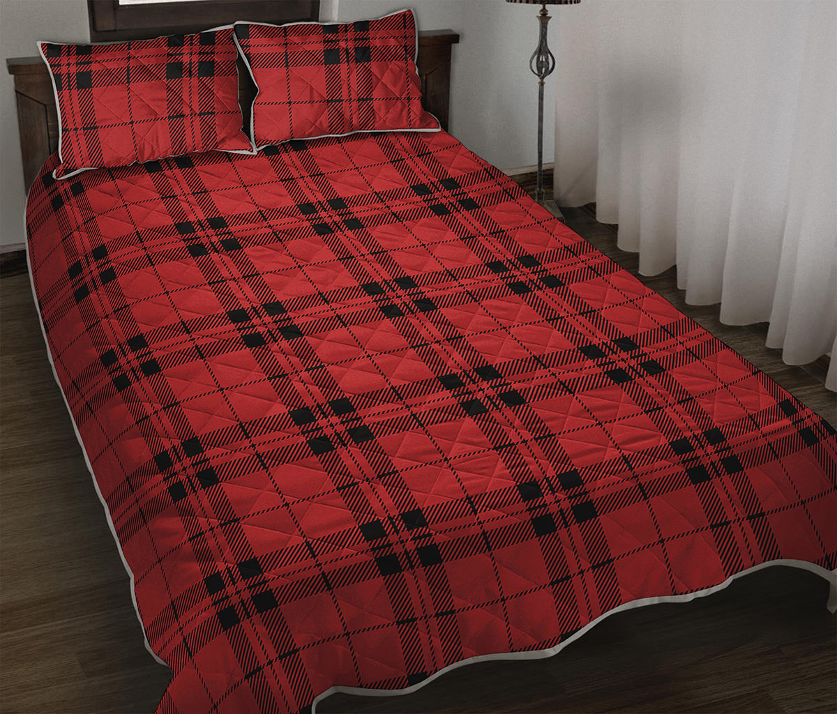 Red And Black Tartan Pattern Print Quilt Bed Set