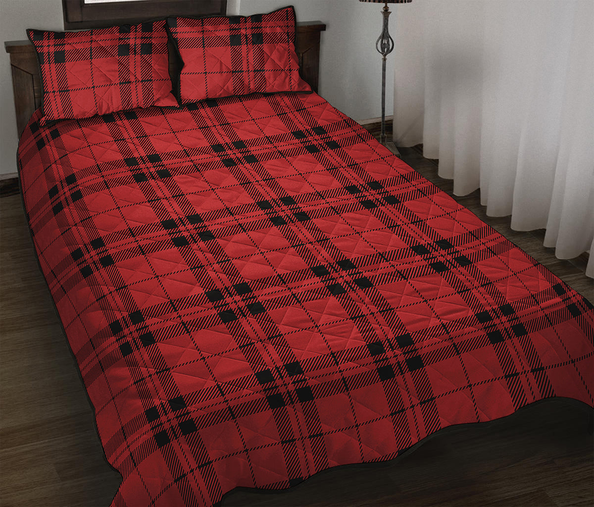 Red And Black Tartan Pattern Print Quilt Bed Set