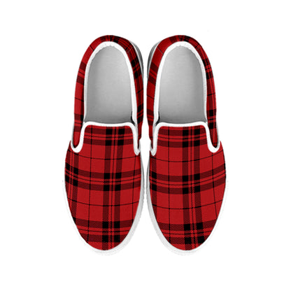 Red And Black Tartan Pattern Print White Slip On Shoes