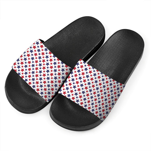 Red And Blue American Star Pattern Print Black Slide Sandals