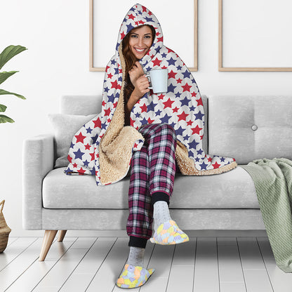 Red And Blue American Star Pattern Print Hooded Blanket