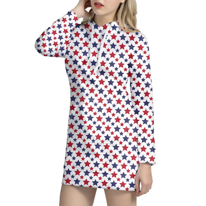 Red And Blue American Star Pattern Print Hoodie Dress