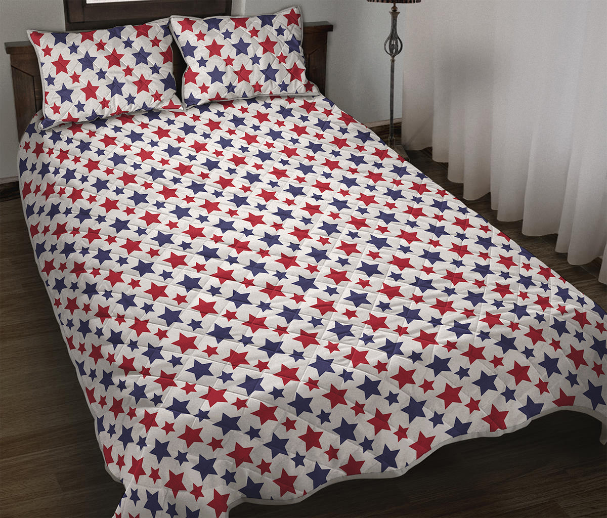 Red And Blue American Star Pattern Print Quilt Bed Set