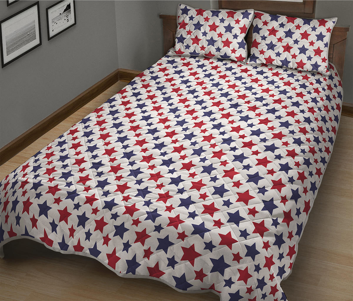 Red And Blue American Star Pattern Print Quilt Bed Set
