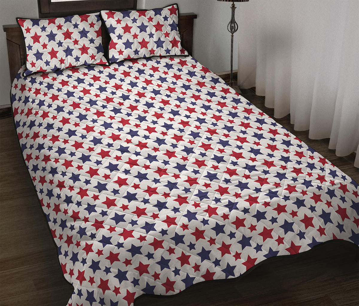 Red And Blue American Star Pattern Print Quilt Bed Set