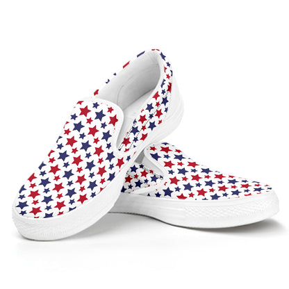 Red And Blue American Star Pattern Print White Slip On Shoes