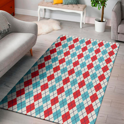 Red And Blue Argyle Pattern Print Area Rug