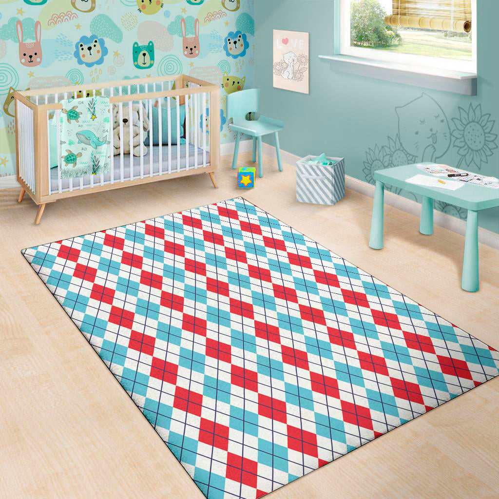 Red And Blue Argyle Pattern Print Area Rug
