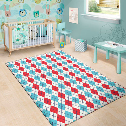 Red And Blue Argyle Pattern Print Area Rug