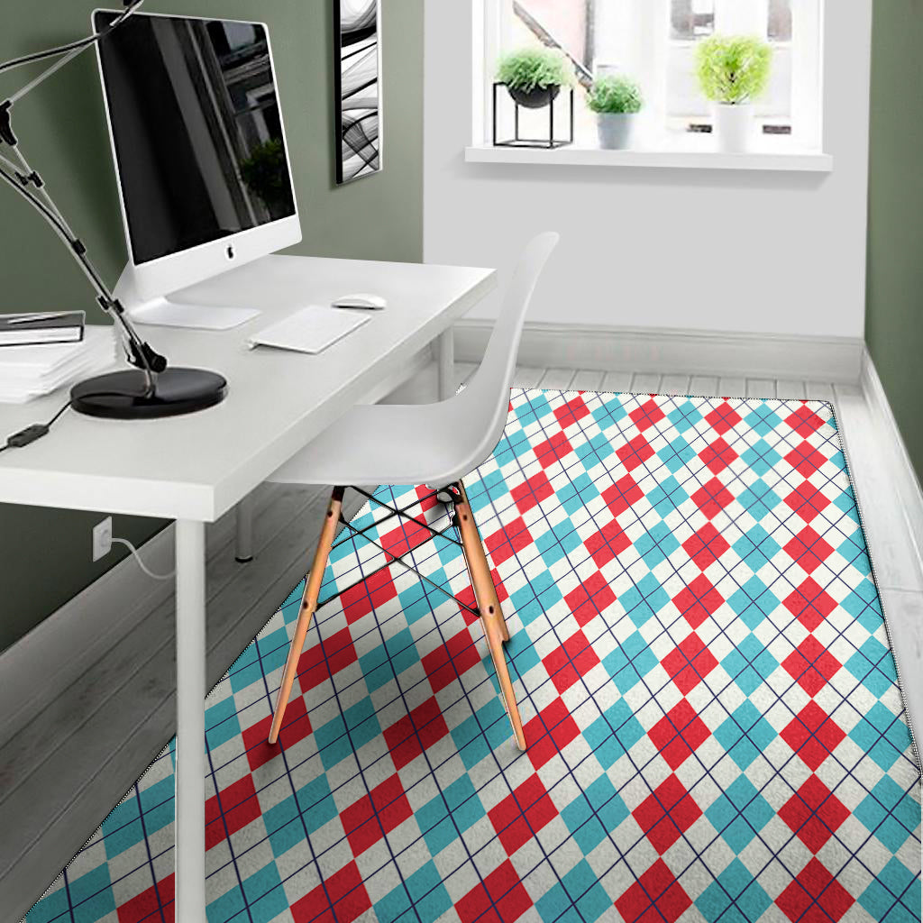 Red And Blue Argyle Pattern Print Area Rug