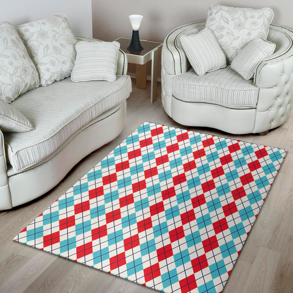 Red And Blue Argyle Pattern Print Area Rug