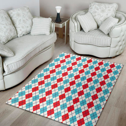 Red And Blue Argyle Pattern Print Area Rug