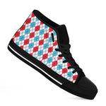 Red And Blue Argyle Pattern Print Black High Top Shoes