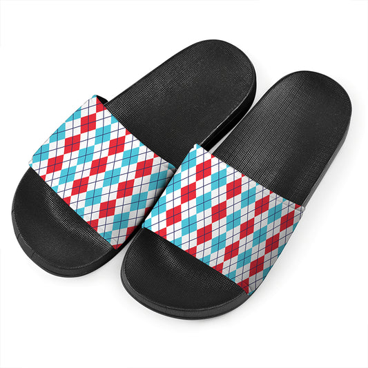 Red And Blue Argyle Pattern Print Black Slide Sandals
