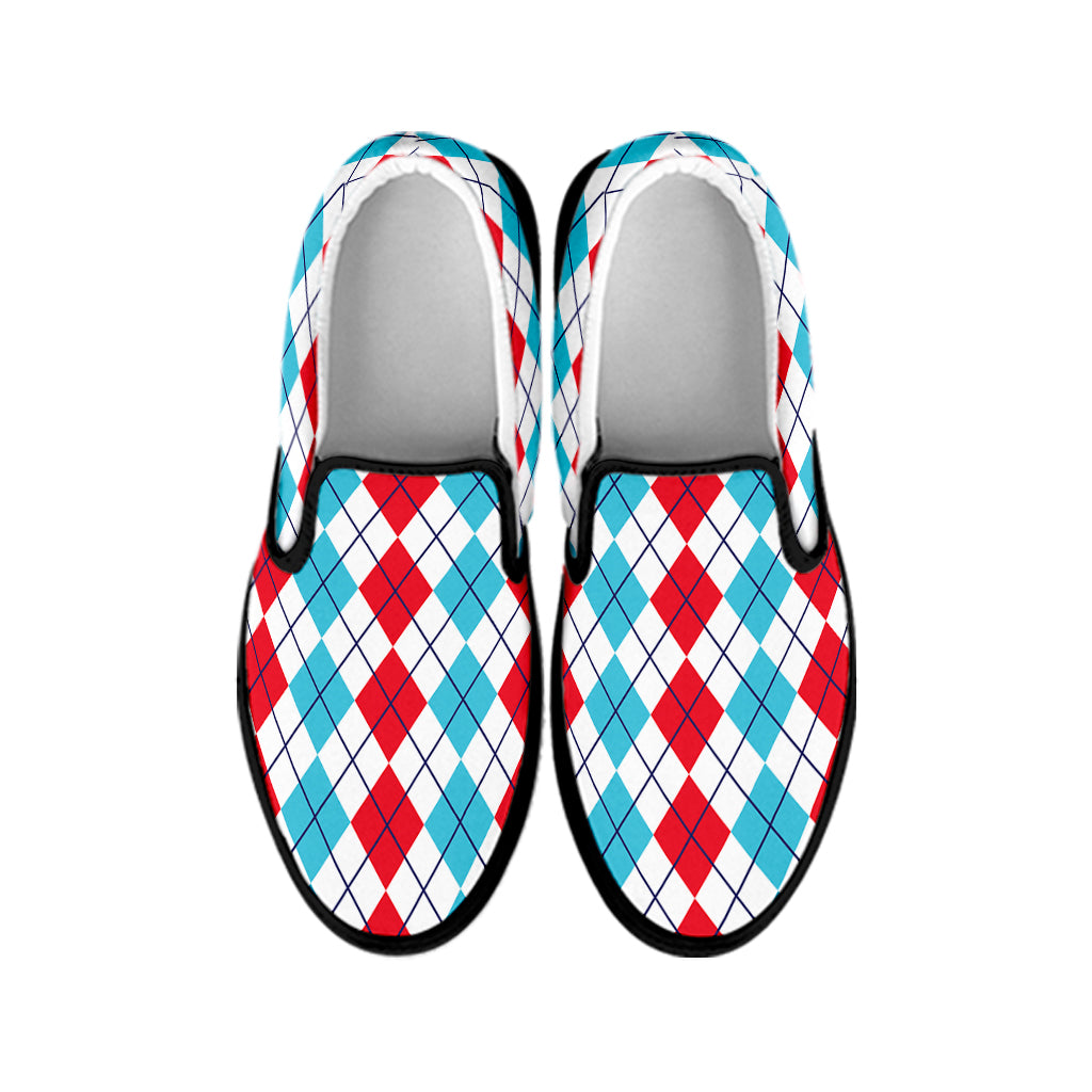 Red And Blue Argyle Pattern Print Black Slip On Shoes