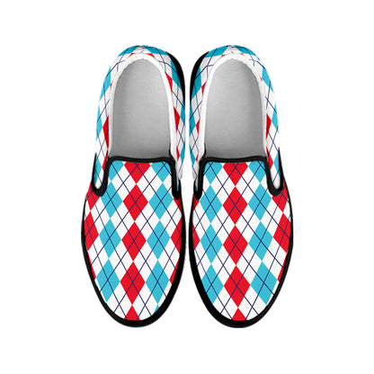 Red And Blue Argyle Pattern Print Black Slip On Shoes