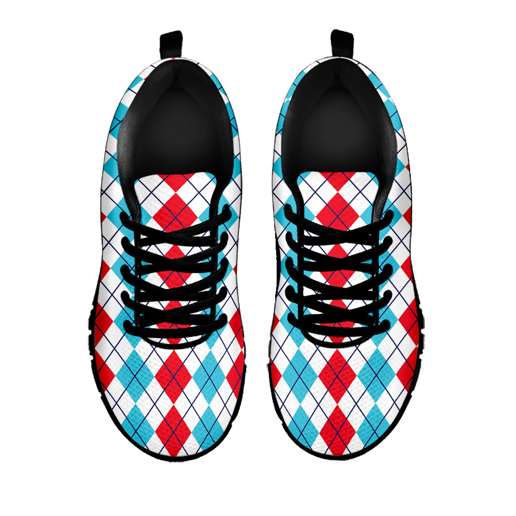 Red And Blue Argyle Pattern Print Black Sneakers