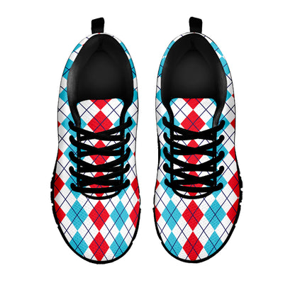 Red And Blue Argyle Pattern Print Black Sneakers