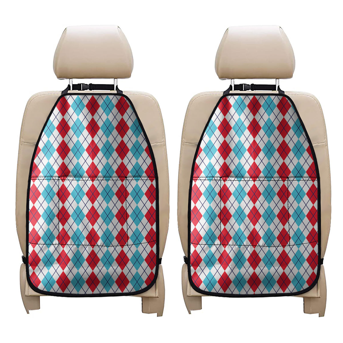 Red And Blue Argyle Pattern Print Car Seat Organizers