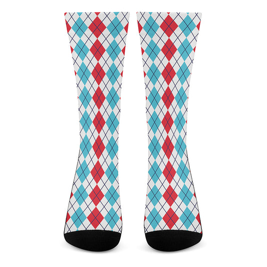 Red And Blue Argyle Pattern Print Crew Socks