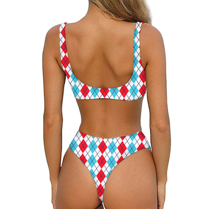 Red And Blue Argyle Pattern Print Front Bow Tie Bikini