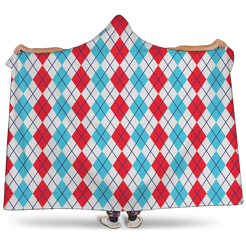 Red And Blue Argyle Pattern Print Hooded Blanket