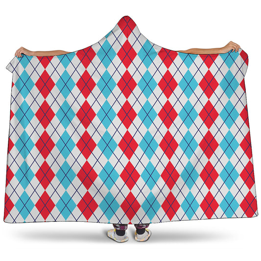 Red And Blue Argyle Pattern Print Hooded Blanket