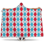Red And Blue Argyle Pattern Print Hooded Blanket