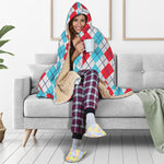 Red And Blue Argyle Pattern Print Hooded Blanket