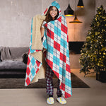 Red And Blue Argyle Pattern Print Hooded Blanket