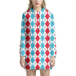 Red And Blue Argyle Pattern Print Hoodie Dress