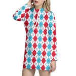 Red And Blue Argyle Pattern Print Hoodie Dress