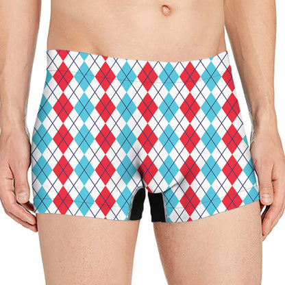 Red And Blue Argyle Pattern Print Men's Boxer Briefs