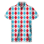 Red And Blue Argyle Pattern Print Men's Short Sleeve Shirt