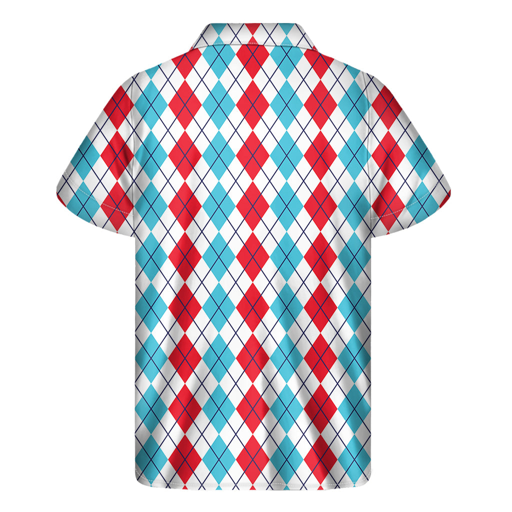 Red And Blue Argyle Pattern Print Men's Short Sleeve Shirt