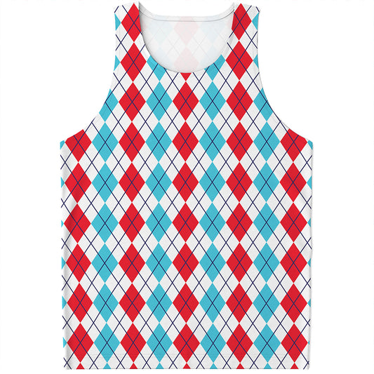 Red And Blue Argyle Pattern Print Men's Tank Top