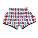 Red And Blue Argyle Pattern Print Muay Thai Boxing Shorts
