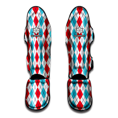 Red And Blue Argyle Pattern Print Muay Thai Shin Guard