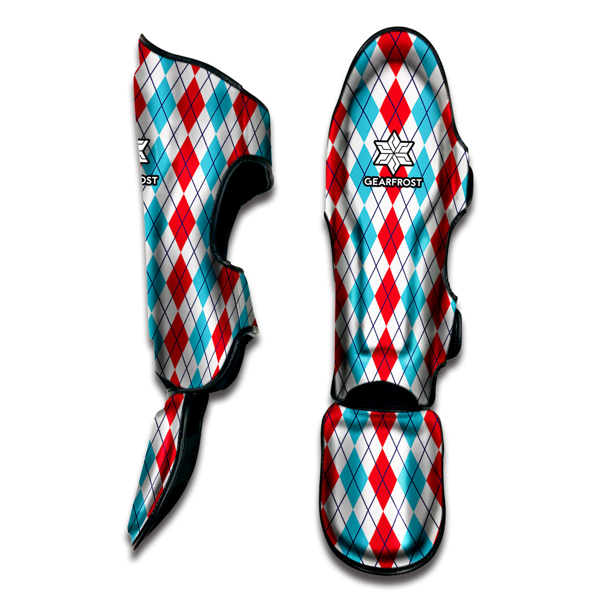 Red And Blue Argyle Pattern Print Muay Thai Shin Guard
