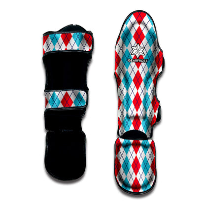 Red And Blue Argyle Pattern Print Muay Thai Shin Guard